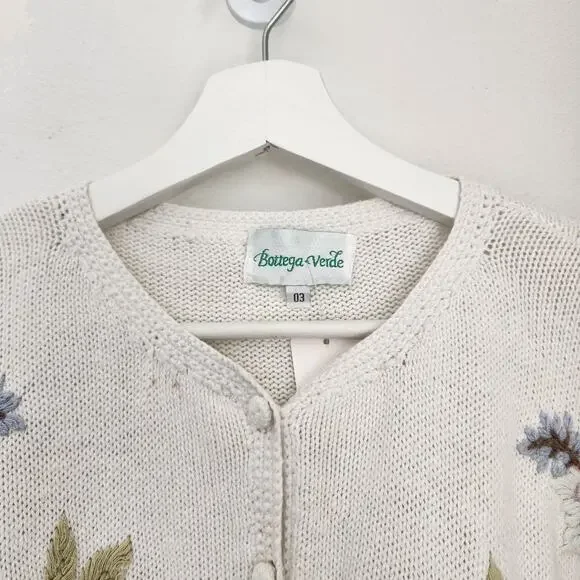Vintage Bottega Verde Floral Embroidered Knit Cardigan Natural Fiber L - Picture 14 of 15